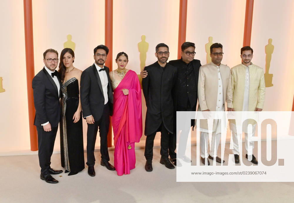Teddy Leifer, guest, Shaunak Sen, guest, Aman Mann, Nadeem Shehzad, Mohammad Saud and Salik Rehman attend the 95th annual Academy Awards at the Dolby Theatre in the Hollywood section of Los Angeles on Sunday, March 12, 2023. LAP2023031211294 JIMxRUYMEN