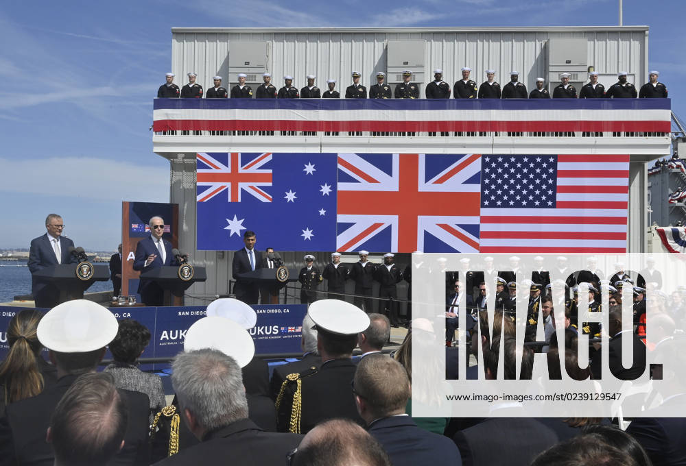 KW11 President Joe Biden (C), British Prime Minister Rishi Sunak (L) and Australian Prime Minister Anthony Albanese discuss an initiative to create a new fleet of nuclear-powered submarines during an event at Naval Base Point Loma in San Diego, California on Monday, March 13. 2023. The Australia-United Kingdom-US (AUKUS) partnership is a trilateral security pact formed in 2021. SAN20230313508 JIMxRUYMEN