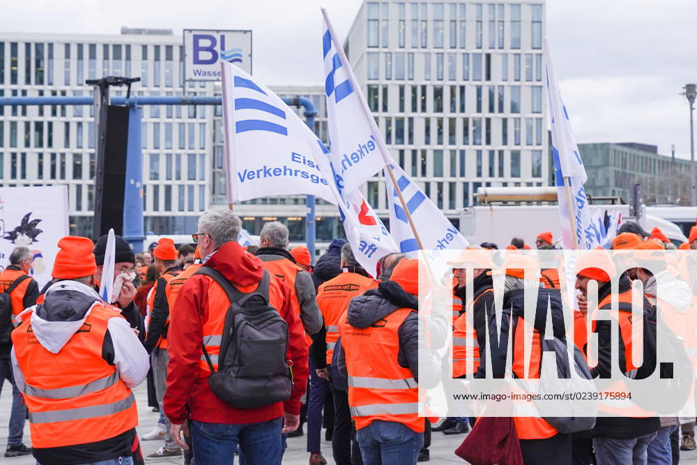 Berlin, Germany 14 March 2023 demonstration of EVG in front of Berlin Central Station with flags of Eiusenbahne Transport Union Federal Chancellery Berlin