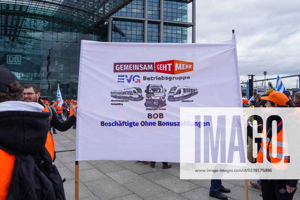 Berlin, Germany 14 March 2023 Demonstration of EVG in front of Berlin Central Station with banner EVG, BOB Federal Chancellery Berlin