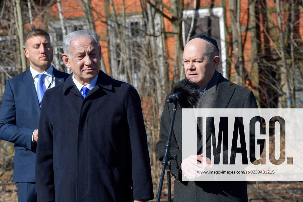 The Prime Minister of the State of Israel, Benjamin Netanyahu 2 l visits on 16 03 2023, together with Chancellor Olaf Scholz r the Holocaust memorial track
