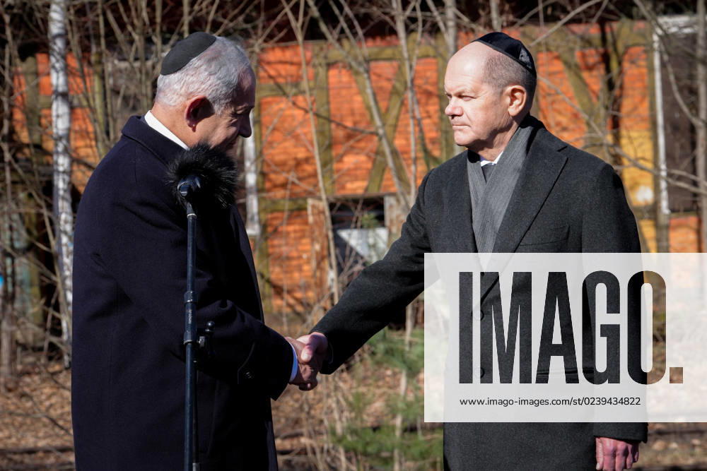 Visit of the Prime Minister of Israel in Berlin during visit of the memorial track 17 in Berlin Current, 16 03 2023, Berlin, Chancellor Olaf Scholz together with Benjamin Netanyahu the Prime Minister of Israel shaking hands during visit of the memorial track 17 in Berlin Berlin