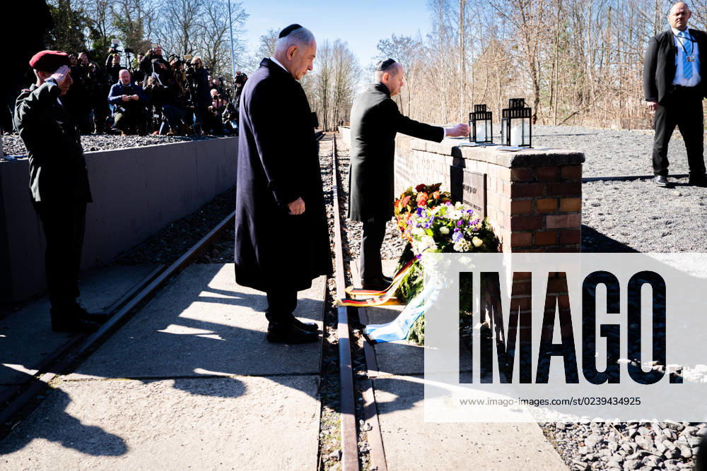 Visit of the Prime Minister of Israel in Berlin at the memorial track 17 in Berlin Current, 16 03 2023, Berlin, Chancellor Olaf Scholz together with Benjamin Netanyahu the Prime Minister of Israel at the wreath-laying ceremony at the memorial track 17 in Berlin Berlin