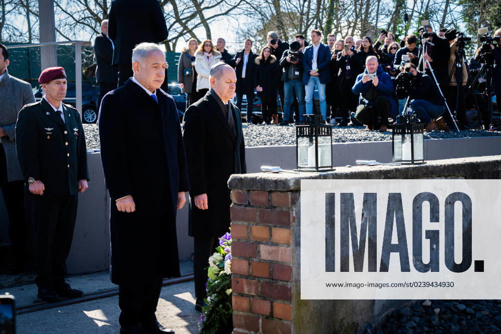 Visit of the Prime Minister of Israel in Berlin at the memorial track 17 in Berlin Current, 16 03 2023, Berlin, Chancellor Olaf Scholz together with Benjamin Netanyahu the Prime Minister of Israel at the wreath-laying ceremony at the memorial track 17 in Berlin Berlin
