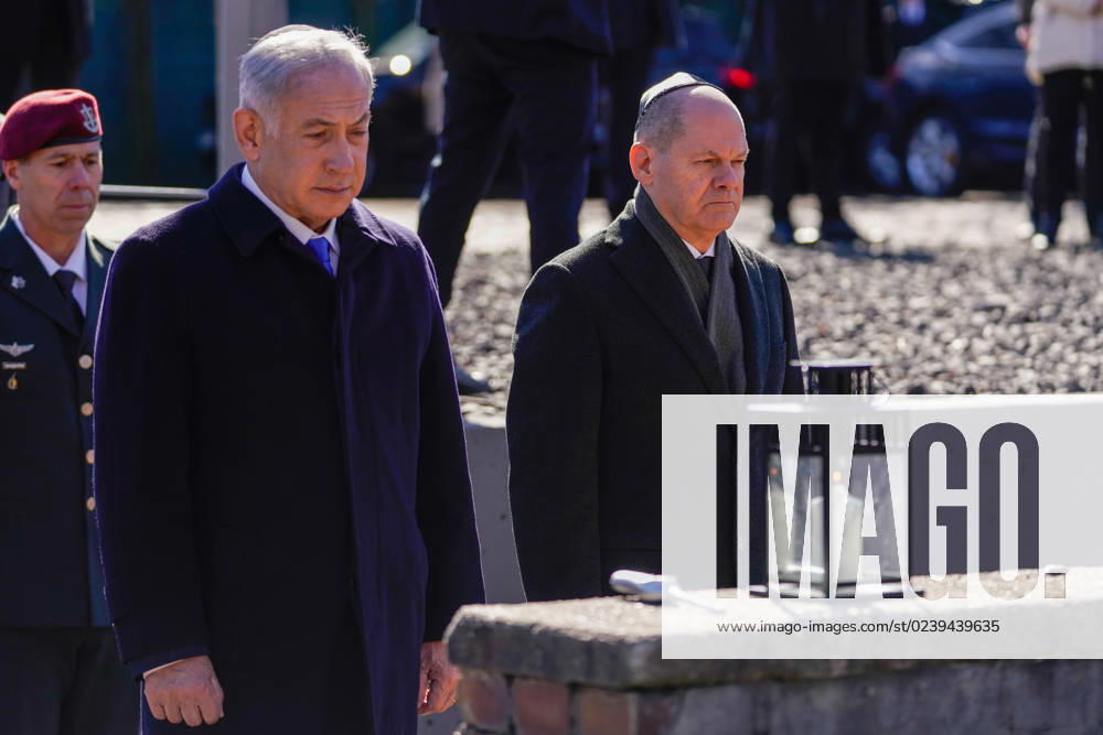 Berlin, Germany 16 March 2023 Visit to the memorial track 17 in Berlin Grunewald 16 03 2023 In the picture from left Benjamin Netanyahu, Prime Minister of Israel, Chancellor Olaf Scholz SPD in silent remembrance memorial track 17 Berlin