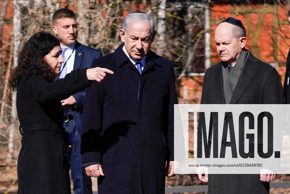 Berlin, Germany 16 March 2023 Visit to the memorial track 17 in Berlin Grunewald 16 03 2023 In the picture from left Benjamin Netanyahu, Prime Minister of Israel, Chancellor Olaf Scholz SPD receive explanation memorial track 17 Berlin