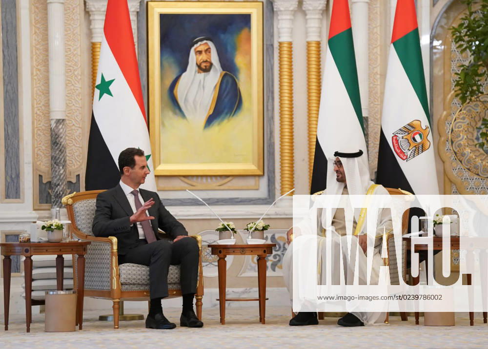 Emirati President Sheikh Mohamed bin Zayed al-Nahyan (R) meeting his Syrian counterpart Bashar al-Assad in Abu Dhabi Emirati President Sheikh Mohamed bin Zayed al-Nahyan (R) meeting his Syrian counterpart Bashar al-Assad in Abu Dhabi on March 19, 2023. Photo by Syrian Presidency apaimages Abu Dhabi Abu Dhabi United Arab Emirates 190323_Abu Dhabi_SPO_2_00 (2)
