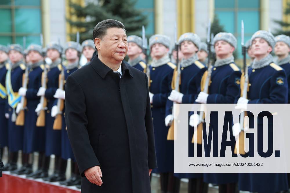Russia China Departure 8395557 22.03.2023 Chinese President Xi Jinping walks past Russian honour guards during a departure ceremony following a three-day state visit to Russia at Vnukovo International Airport in Moscow, Russia. Aleksey Nikolskyi Sputnik Moscow Russia