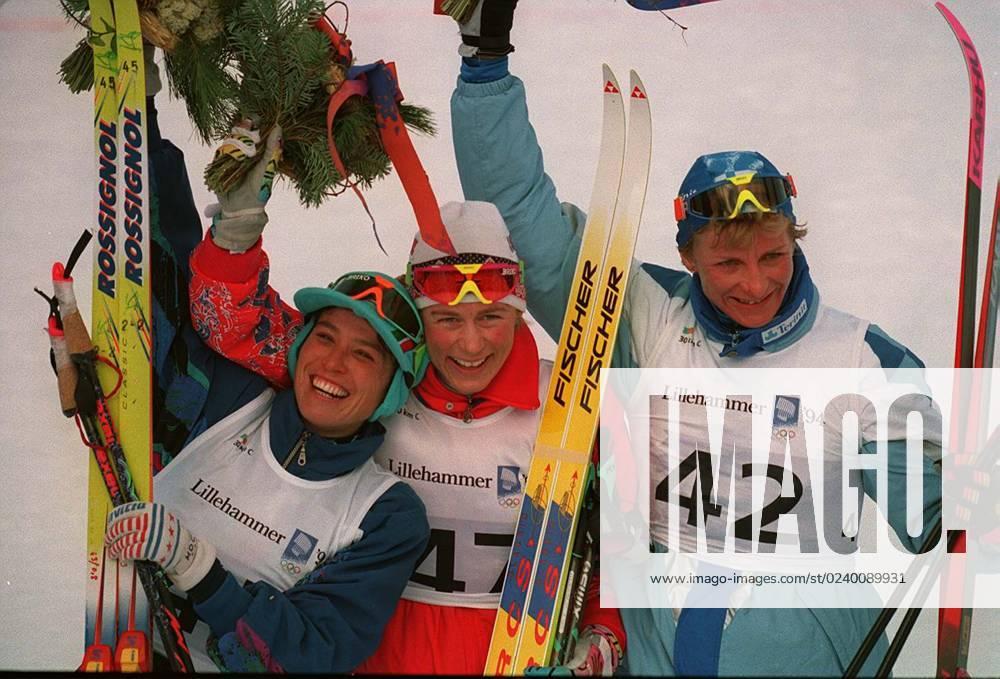 Lillehammer 19940224 Winter Olympics in Lillehammer 1994 30 km classic cross country for women at the Birkebeineren ski stadium The medal winners f v Marit Wold sol , Manuela Di Centa, Italy gold and Marja Lisa Kirvesniemi Finland bro
