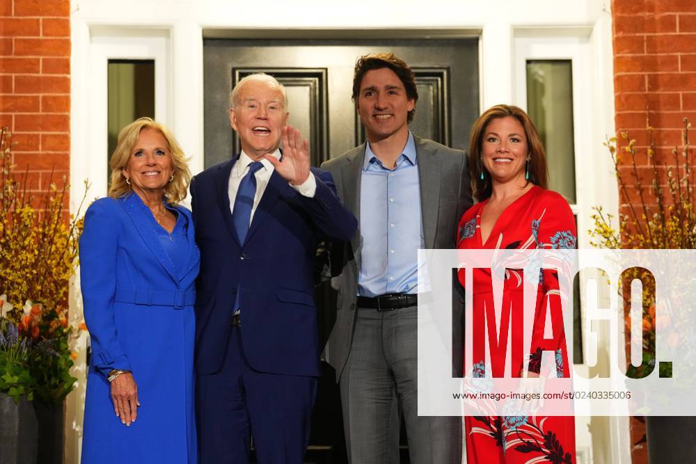U.S. President Joe Biden and First Lady Jill Biden are greeted by Prime Minister Justin Trudeau and wife Sophie Gregoire-Trudeau as they arrive to Rideau Cottage in Ottawa, Thursday, March 23, 2023. Ottawa CANADA - ZUMAc35_ 20230323_zaf_c35_122