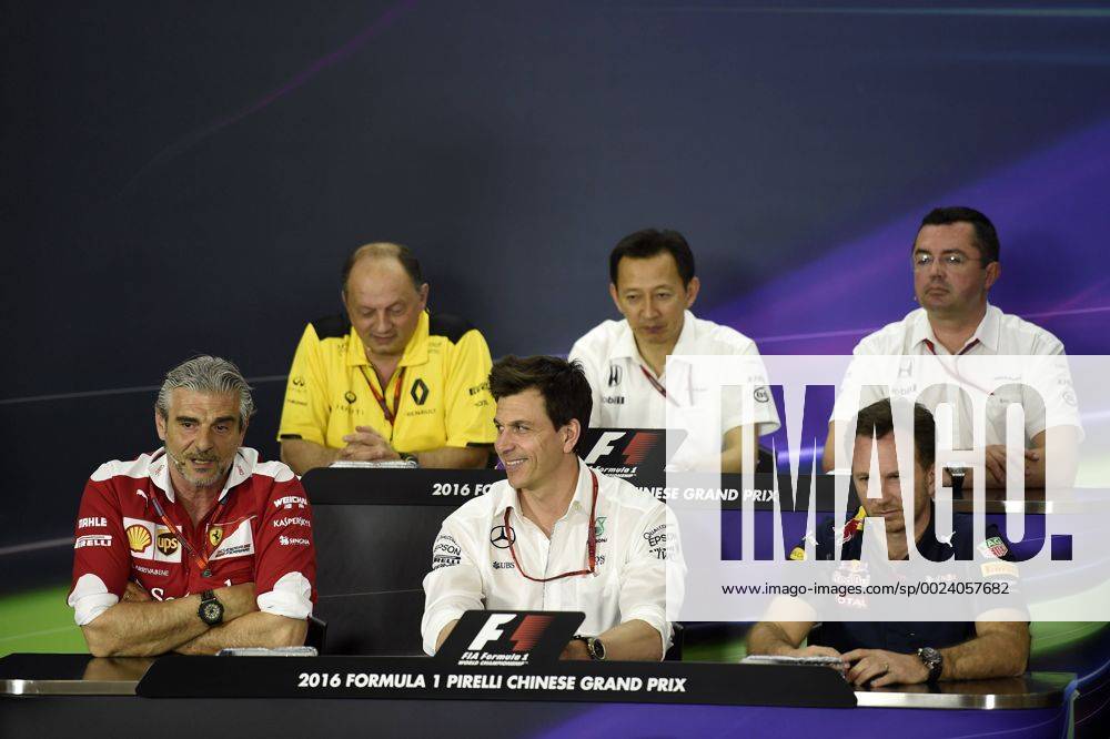 Free Practice 2, press conference PK Pressekonferenz (UP) Frederic Vasseur (FRA) Renault Formula One Team Racing Director, Yusuke Hasegawa (JAP), Honda, Eric Boullier (FRA) McLaren Racing Director, Maurizio Arrivabene (ITA) Ferrari Team Principal, Toto Wolff (GER) Mercedes AMG F1 Shareholder and Executive Director and Christian Horner (GBR), Red Bull Racing, Sporting Director Chinese Grand Prix, Shanghai 14 - 17 April 2016 xPhoto4_s.r.l._770178x