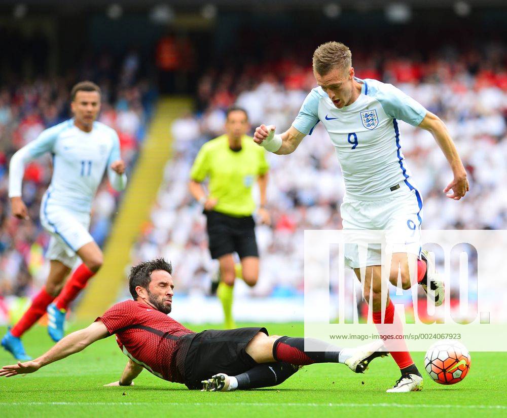 Friendly National football Match between England and Turkey at Etihad Stadium in Manchester , England on May 22, 2016. Pictured: Jamie Vardy 9 of England and Gokhan Gonul of Turkey.