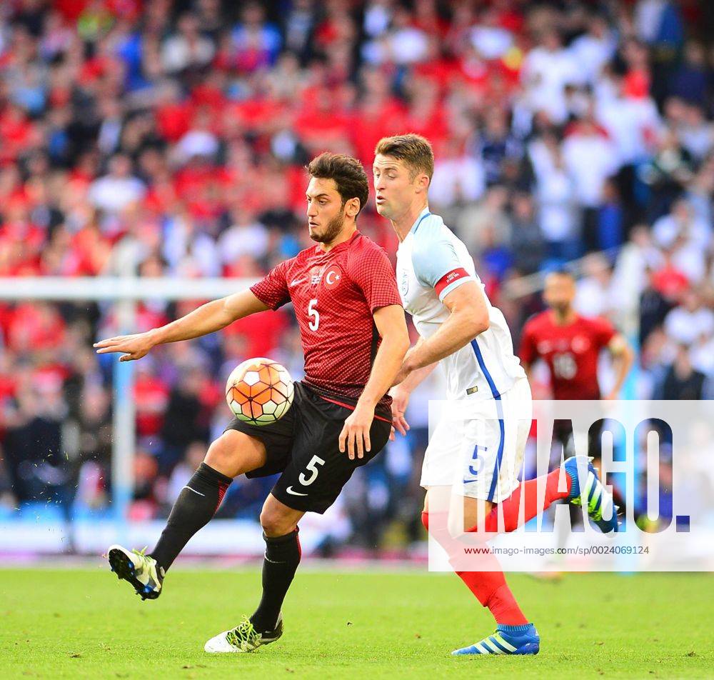 Friendly National football Match between England and Turkey at Etihad Stadium in Manchester , England on May 22, 2016. Final Score: England 2 - Turkey 1 Pictured: Gary Cahill of England and Hakan Calhanoglu (L) of Turkey.