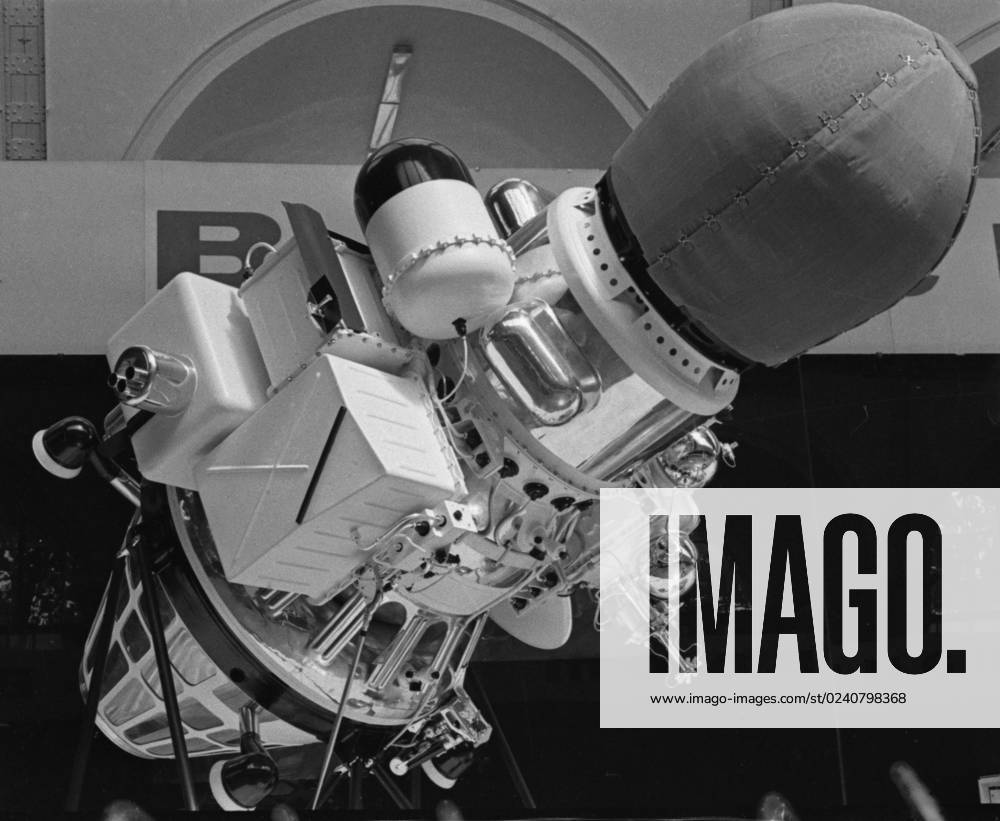 Moscow, USSR. August, 1967. A view of the Luna-9 robotic spacecraft that was the first to achieve a lunar soft landing and to transmit a television image of the moon surface to Earth, at the Pavilion No. 32 Kosmos at the Exhibition of Achievements of National Economy. The exact date of the photograph is unknown. Valentin Cheredintsev TASS 18449177
