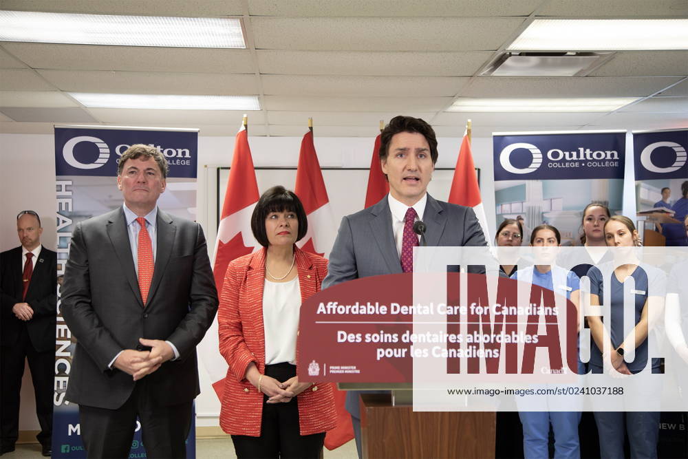 Prime Minister Justin Trudeau, centre, speaks at Oulton College in Moncton, N.B., on Friday, March 31, 2023. Moncton Canada - ZUMAc35_ 20230331_zaf_c35_058