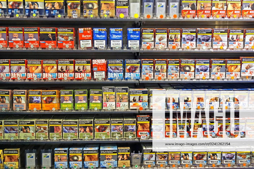 Tobacco products for sale A lush shelf with various cigarettes for sale