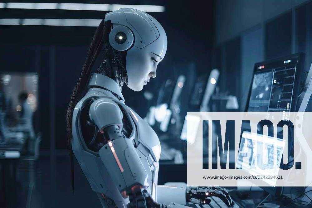 Generative AI side view image of humanoid female model robot standing and working with machines in blurred office ManuelRuiz_ID13614_413587_017
