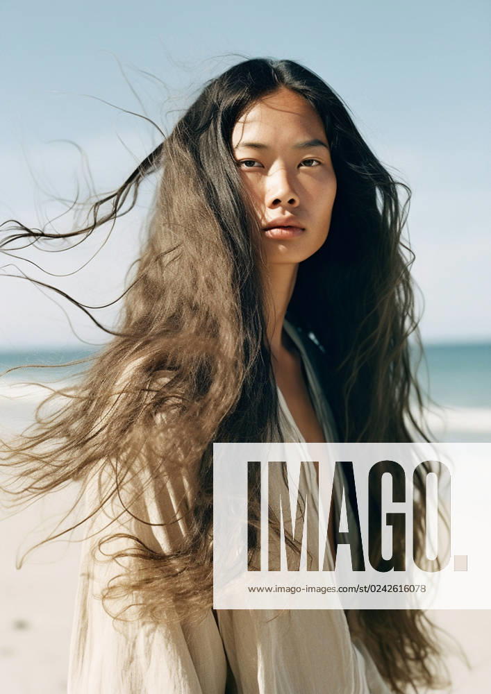 Asian woman with long hair on the beach Wroc?aw, Lower Silesian Voivodeship, Poland CR_PJWUOI230407-1165999-01 ,property released
