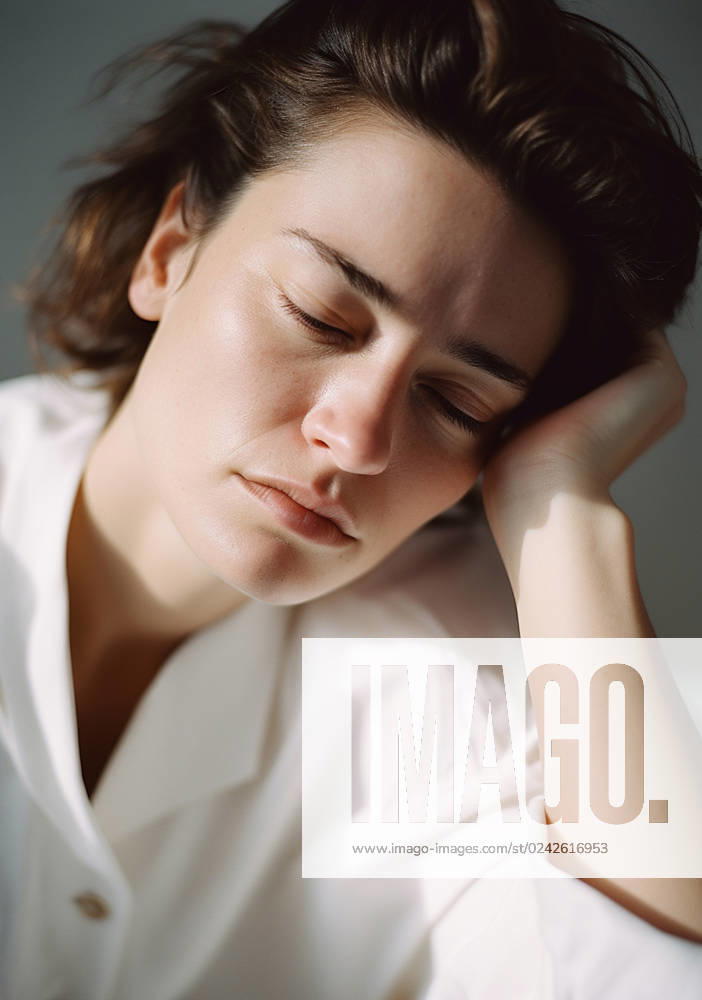 AI Generative. Sleepy tired woman Wroc?aw, Lower Silesian Voivodeship, Poland CR_PJWUOI23041084-1167744-01 ,property released