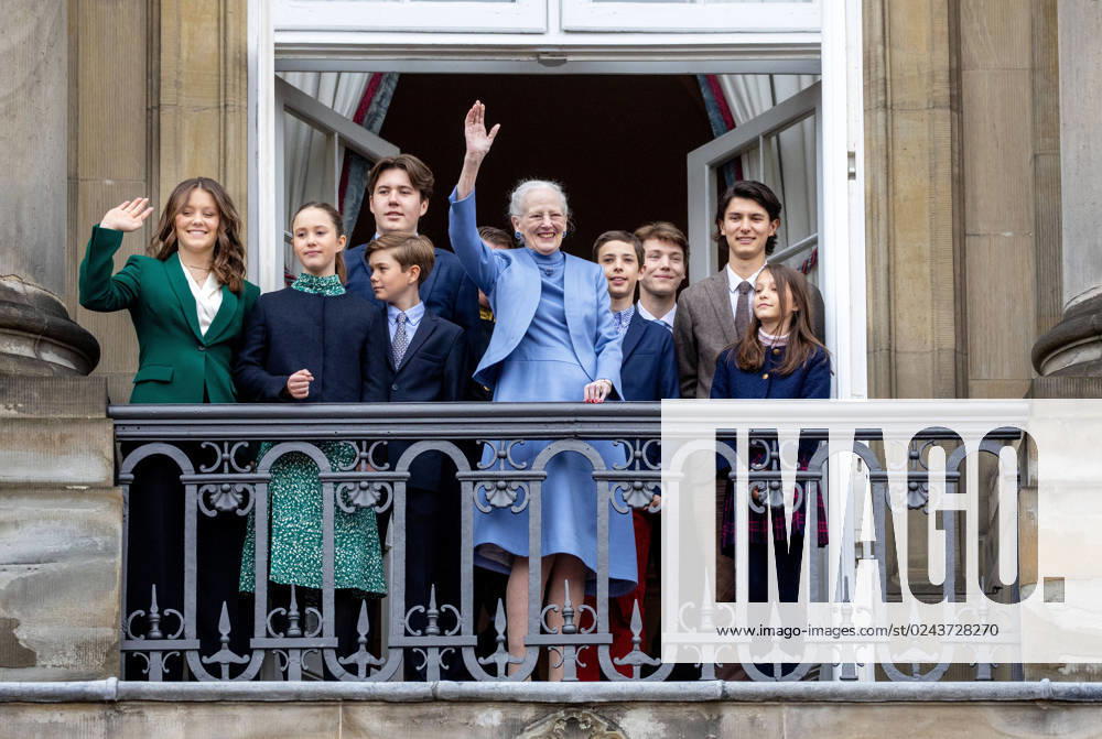 Denmark Queen Margrethe with Prince Christian and Princess Isabella and Princess Josephine and Prince Vincent and Prince Henrik and Princess Athena and Prince Nikolai and Prince Felix celebrating the Queen her 83rd birthday on the balcony of Christian IX Palace Amalienborg. Â