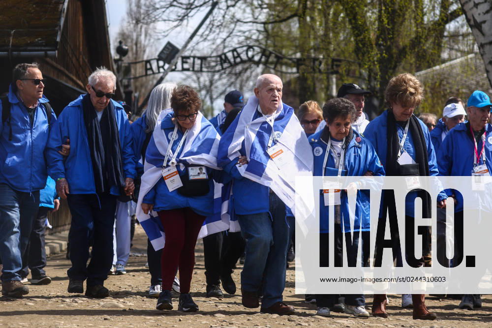 International March Of The Living Holocaust survivors and relatives attend the 35th anniversary of International March of the Living at the former Nazi-German Auschwitz Birkenau concentration and extermination camp in Oswiecim, Poland on April 18, 2023. The annual march is a part of educational program, which brings Jewish students from around the world to Poland, where they explore the remnants of the Holocaust. Participants march silently three kilometers from Auschwitz I to Auschwitz II Birkenau, the largest Nazi concentration camp complex built during World War II. This year s march is celebrating 75th anniversary of the State of Israel and 80th anniversary of the Warsaw Ghetto Uprising. Oswiecim Poland