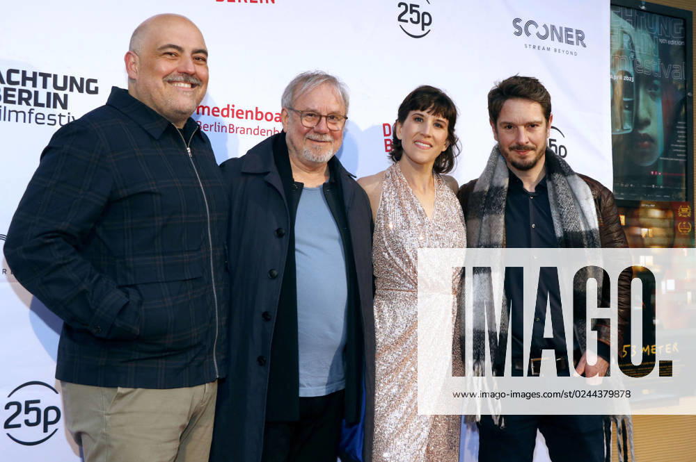 Gabriel Munoz Munoz, Joachim Krol, Laia Alvarez and Michael Baral at the premiere of the feature film Endlich Witwer Über alle Berge at the 19 achtung berlin Filmfestival 2023 at Kino Babylon Berlin, 18 04 2023 Foto:xA.xFuturexImage