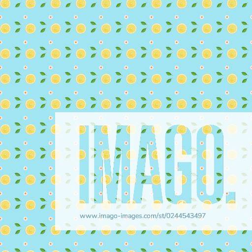 View of a Pattern of many lemons with daisies and green leaves on a light blue background *** Ansicht des einer Schnittmuster des viele Zitronen mit Gänseblümchen und Grün verlässt am einer Licht Blau Hintergrund 2164239