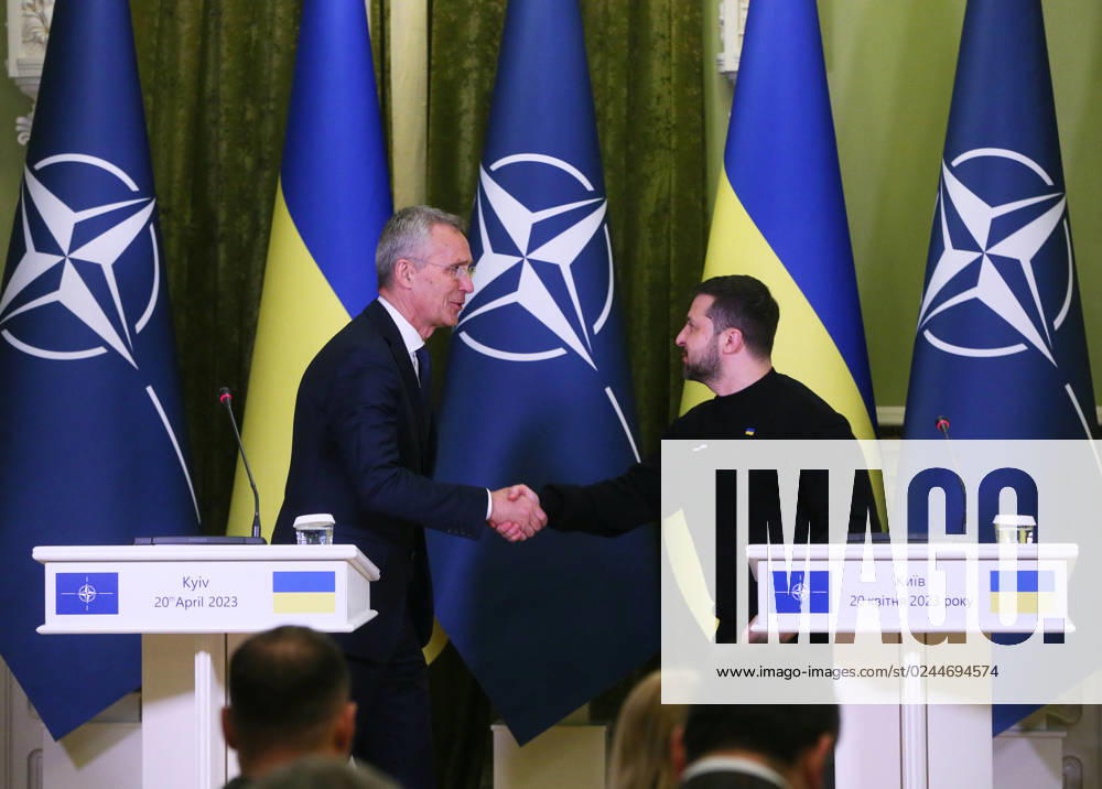 NATO Secretary General Jens Stoltenberg Visits Kyiv, Amid Russia s Invasion Of Ukraine NATO Secretary General Jens Stoltenberg (L) and Ukrainian President Volodymyr Zelensky (R) shake hands during a joint a press-conference, following their meeting in Kyiv, Ukraine on 20 April 2023, amid Russia s invasion of Ukraine. Kyiv Ukraine