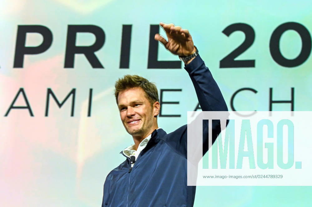 Former American football player Tom Brady speaks during the eMerge Americas forum keynote address, at the Miami Beach Convention Center in South Florida, USA, 20 April 2023. The eMerge Americas forum inaugurated a new edition this Thursday that consolidates this event as a pole of attraction for innovators and entrepreneurs in search of partners and capital, who were encouraged by former American football player Tom Brady not to give up in the main presentation of the day. Entrepreneurs and technological innovators gather at the eMerge Americas Forum in Miami !ACHTUNG: NUR REDAKTIONELLE NUTZUNG!