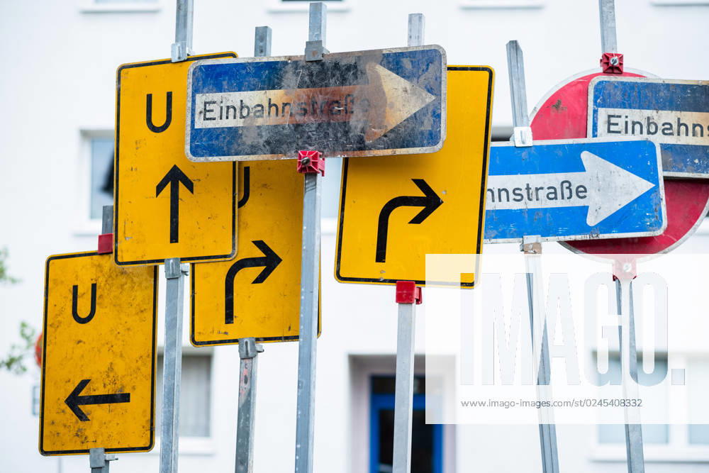 Many traffic signs, one-way street, detour, symbol picture Düsseldorf North Rhine Westphalia Germany