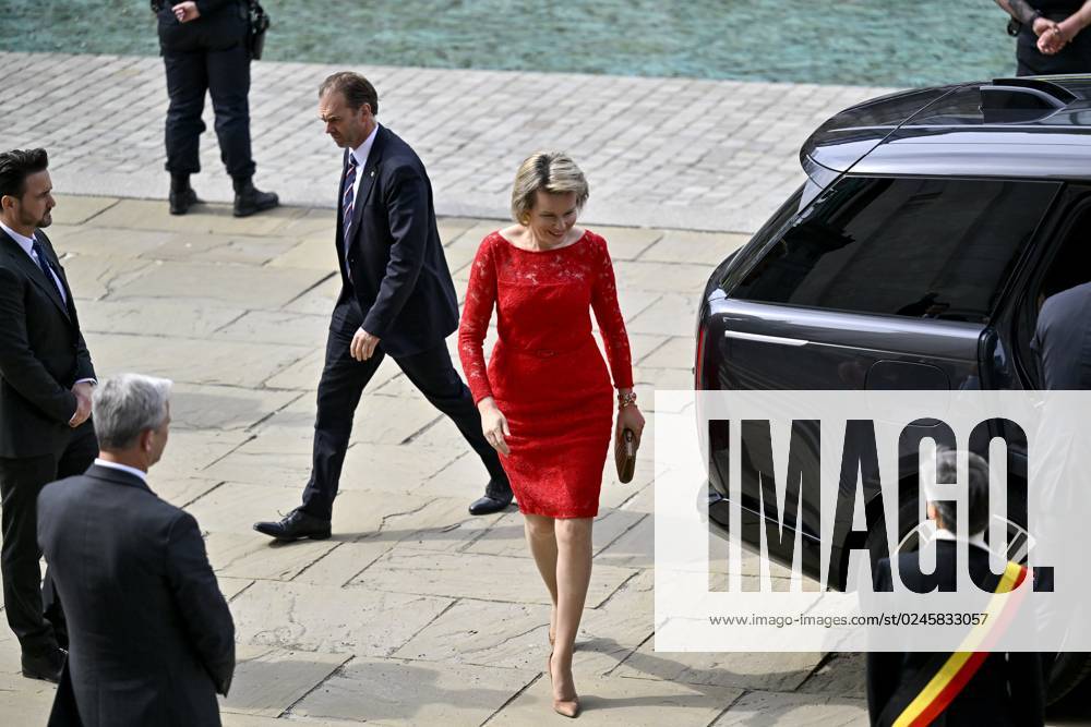 Queen Mathilde of Belgium is pictured during a royal visit to the KMSKA museum - Koninklijk Museum voor Schone Kunsten Antwerpen - Royal Museum for Fine Arts Antwerp, in Antwerp, Thursday 27 April 2023. They become acquainted with the new building, the art collection and the functioning of the renovated museum. The KMSKA reopened its doors to the public in September 2022 after a major renovation and expansion DIRKxWAEM 66254174