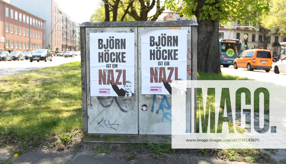 On an electric box of Vattenfall is a poster with the likeness of the politician Björn Höcke of the party Alternative for Germany AFD stuck, on which is the writing Björn Höcke is a Nazi Barmbek Hamburg