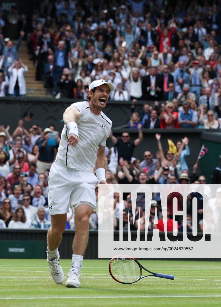 (160711) -- LONDON, July 11, 2016 -- Andy Murray of Great Britain celebrates after the men s singles final against Milos Raonic of Canada at the Championships Wimbledon 2016 in London, Britain, on July 10, 2016. Andy Murray claimed his second Wimbledon title with 6-4, 7-6 (3), 7-6 (2). )(wll) (SP)BRITAIN-LONDON-TENNIS-WIMBLEDON-MEN S SINGLES-FINAL HanxYan