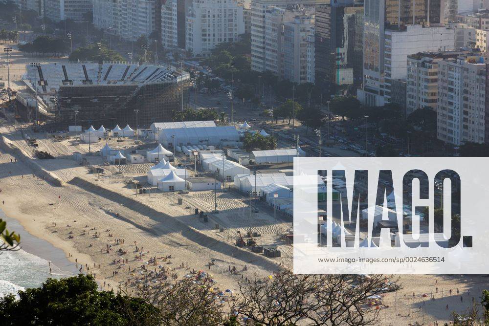 Locations Rio 2016 Olympic Games Olympische Spiele Olympia OS Arena Olympic Beach volleyball Beachvolleyball which is being built on the sands of Copacabana Beach is coming to the final stretch. Seats and stairs have been installed and access to the public are being implemented. With the Arena, a large part of the Copacabana boardwalk is no visibility to the sea. x1159103x LuizxSouza