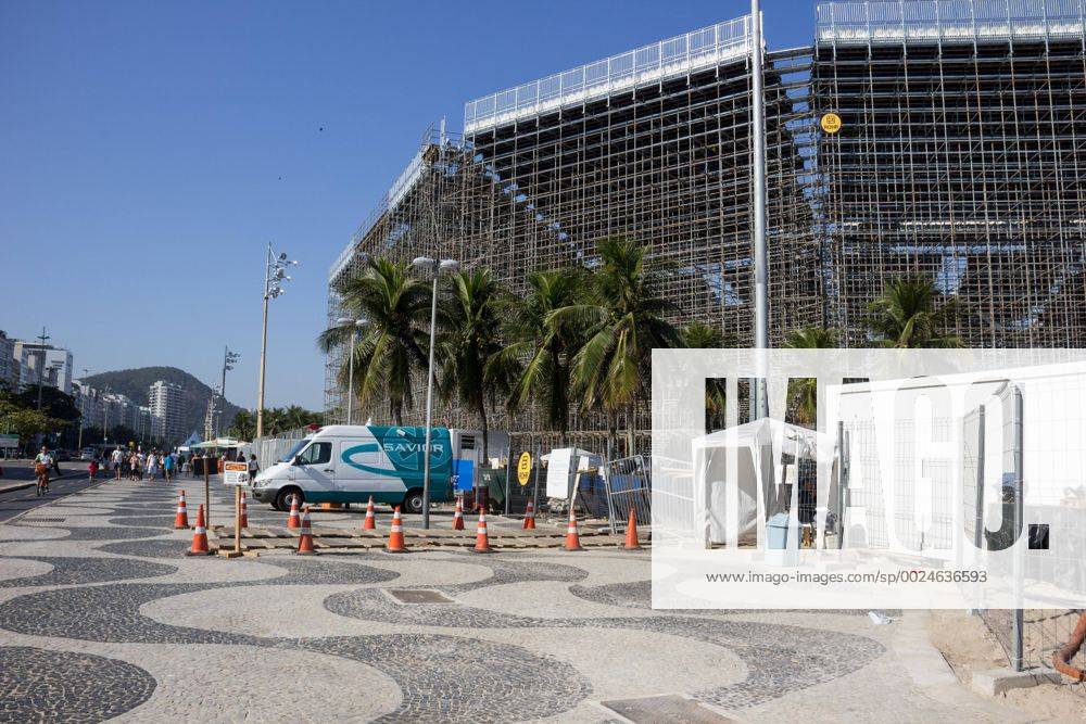 Locations Rio 2016 Olympic Games Olympische Spiele Olympia OS Arena Olympic Beach volleyball Beachvolleyball which is being built on the sands of Copacabana Beach is coming to the final stretch. Seats and stairs have been installed and access to the public are being implemented. With the Arena, a large part of the Copacabana boardwalk is no visibility to the sea. x1159104x LuizxSouza