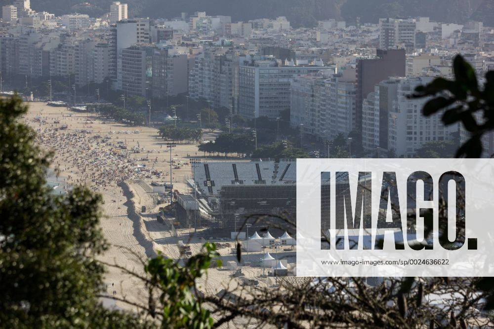 Locations Rio 2016 Olympic Games Olympische Spiele Olympia OS Arena Olympic Beach volleyball Beachvolleyball which is being built on the sands of Copacabana Beach is coming to the final stretch. Seats and stairs have been installed and access to the public are being implemented. With the Arena, a large part of the Copacabana boardwalk is no visibility to the sea. x1159106x LuizxSouza