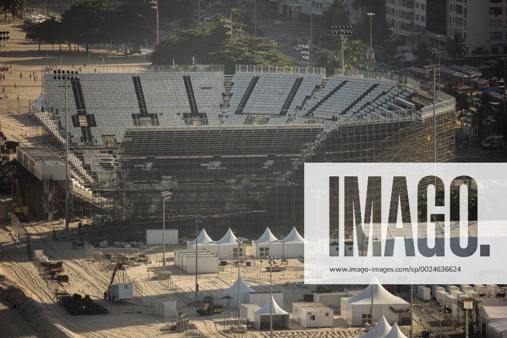 Locations Rio 2016 Olympic Games Olympische Spiele Olympia OS Arena Olympic Beach volleyball Beachvolleyball which is being built on the sands of Copacabana Beach is coming to the final stretch. Seats and stairs have been installed and access to the public are being implemented. With the Arena, a large part of the Copacabana boardwalk is no visibility to the sea. x1159108x LuizxSouza