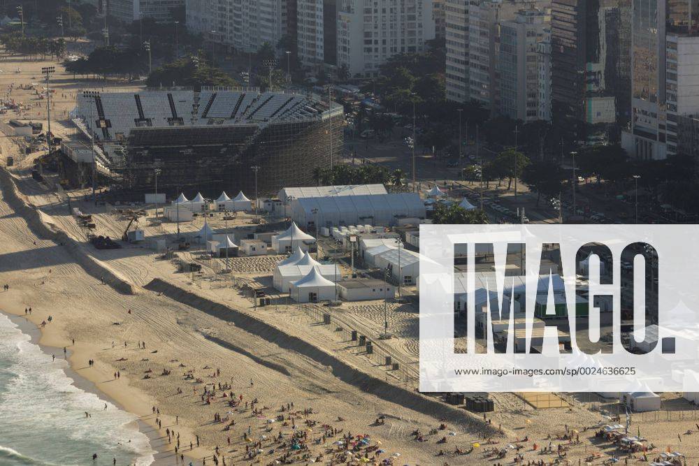 Locations Rio 2016 Olympic Games Olympische Spiele Olympia OS Arena Olympic Beach volleyball Beachvolleyball which is being built on the sands of Copacabana Beach is coming to the final stretch. Seats and stairs have been installed and access to the public are being implemented. With the Arena, a large part of the Copacabana boardwalk is no visibility to the sea. x1159109x LuizxSouza