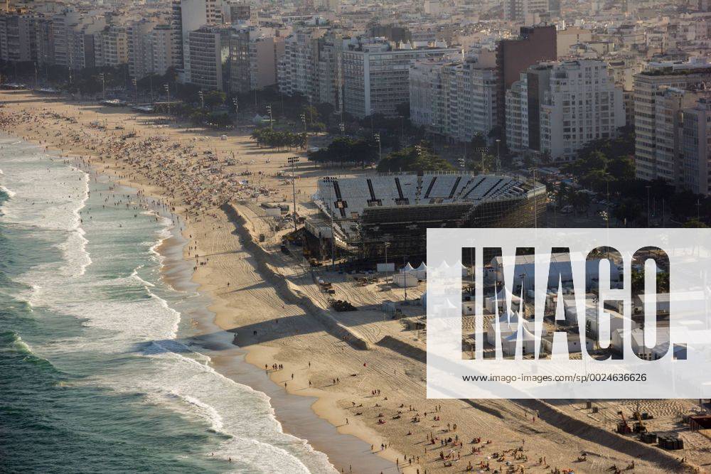 Locations Rio 2016 Olympic Games Olympische Spiele Olympia OS Arena Olympic Beach volleyball Beachvolleyball which is being built on the sands of Copacabana Beach is coming to the final stretch. Seats and stairs have been installed and access to the public are being implemented. With the Arena, a large part of the Copacabana boardwalk is no visibility to the sea. x1159110x LuizxSouza