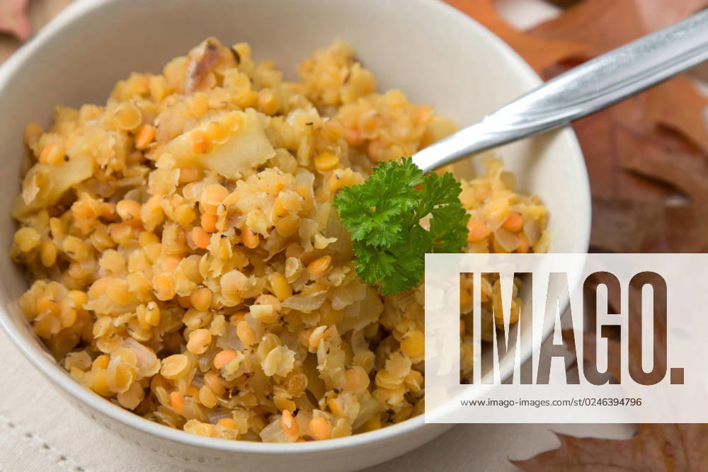 Linsen Dal - Lentils Dal Indisches vegetarisches Linsengericht mit dem Namen Dal, das aus roten Linsen mit Apfel gekocht ist. Traditional vegetarian Indian dish called Dal which is made from red lentils with an apple.