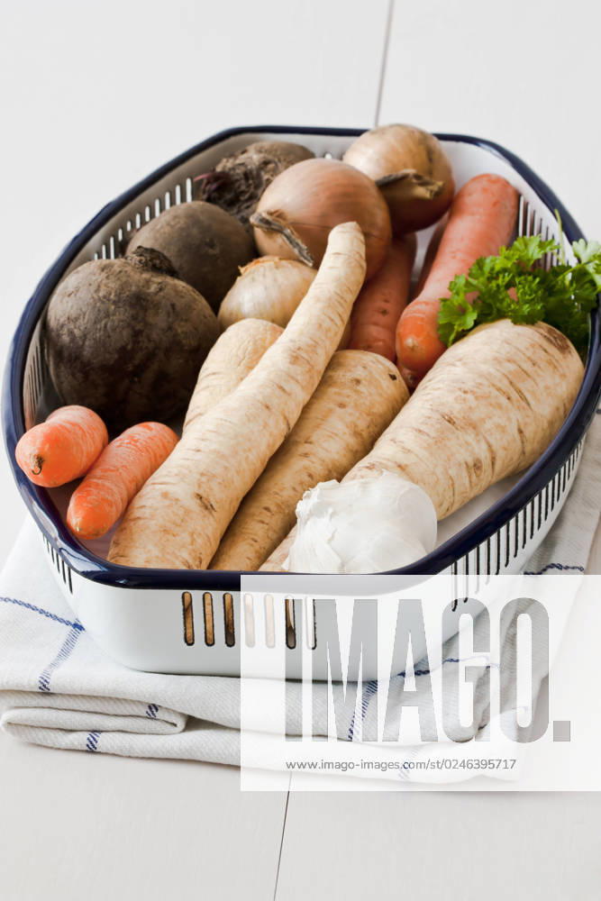 Gemüse Stillleben mit Pastinaken, Karotten und anderen klassischen Gemüse, dekoriert im Landhausstil. Still life with parsnips, carrots and other classical vegetables decorated in the country style.