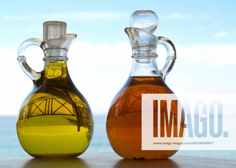Cafe table with oil and vinegar bottles