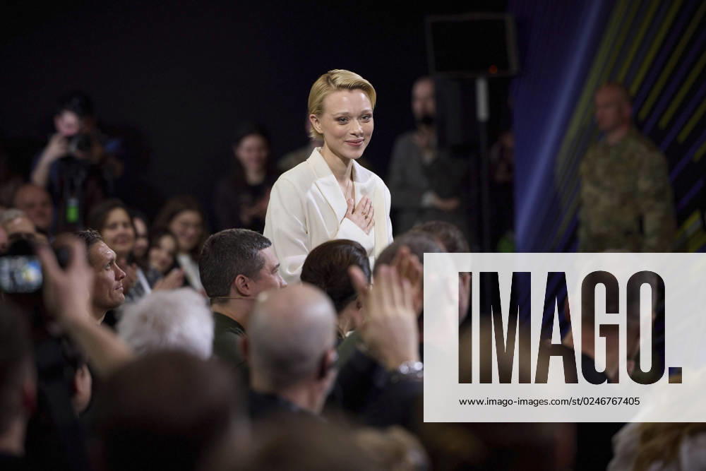 Ukrainian American actress and Ukraine24 ambassador Ivanna Sakhno, stands after being recognized for her work by Ukrainian President Volodymyr Zelenskyy during the United24 fundraising charity summit, May 5, 2023 in Kiev, Ukraine. The international charity has raised over $330 million dollars to support hospitals and rebuilding Ukraine. Kiev Ukraine - ZUMAp138 20230505_zaa_p138_015