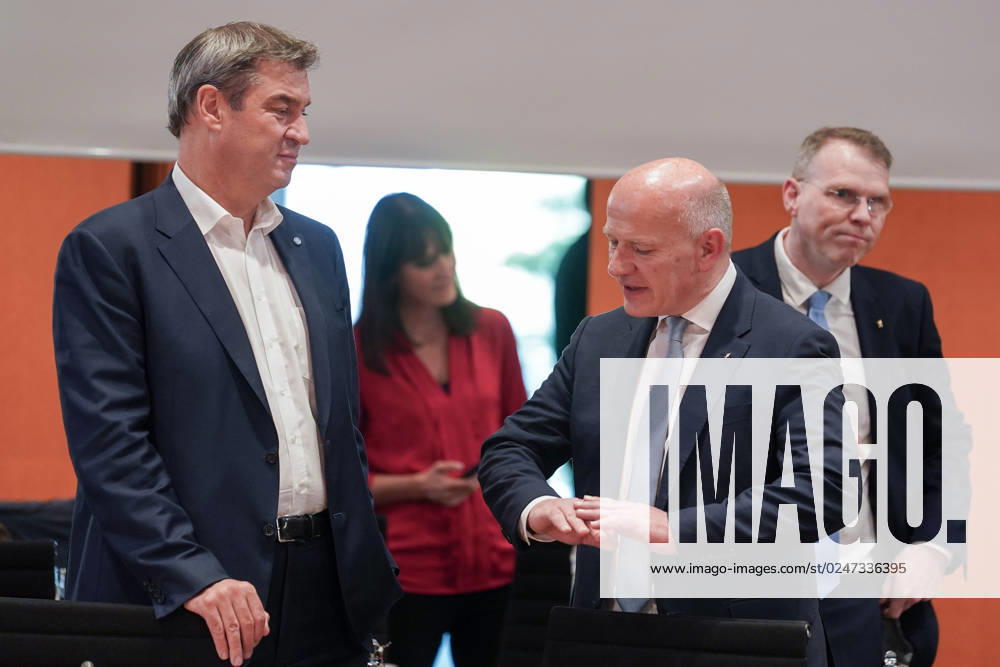Berlin, Germany 10 May 2023 Minister Presidents Conference on the refugee issue in Berlin 10 05 2023 In picture from left Markus Söder, Minister President of Bavaria CSU , Kai Wegner, Governing Mayor Berlin CDU Federal Chancellery Berlin