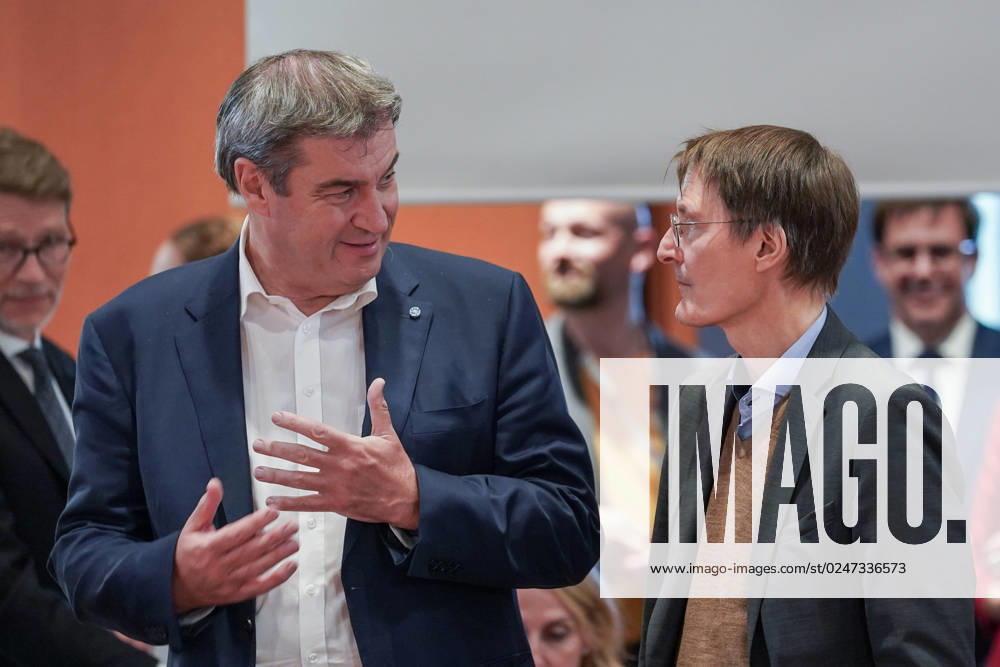 Berlin, Germany 10 May 2023 Minister Presidents Conference on the refugee issue in Berlin 10 05 2023 In the picture Markus Söder, Minister President of the Free State of Bavaria CSU li in conversation with Prof Dr Karl Lauterbach, Federal Minister for Health SPD Federal Chancellery Berlin