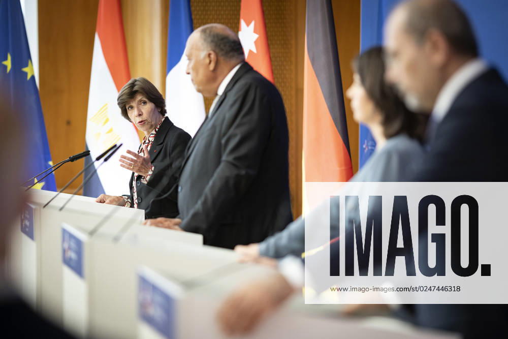 Annalena Baerbock, German Foreign Minister, invites to cloverleaf meeting in Berlin Here taken at a press conference after the joint discussion L R Catherine Colonna, Foreign Minister of France, Sameh Shoukry, Foreign Minister of Egypt, Annalena Baerbock, German Foreign Minister, and Ayman Safadi , Foreign Minister of Jordan Berlin, 11 05 2023 Ber