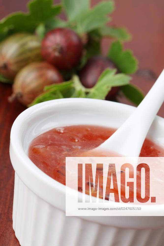 IMAGO Creative, Jahreszeit Sommer, Food, Marmelade kochen Gooseberry jam in a white bowl and fresh gooseberries