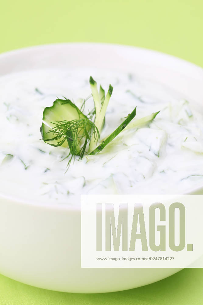 Greek yogurt sauce with cucumbers, dill and garlic, known as tarator or snezhanka in Bulgaria or zaziki in Turkey. Shallow DOF