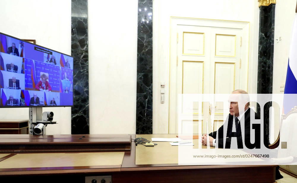Russian President Vladimir Putin hosts a remote video conference with the permanent members of the Security Council from the Kremlin, May 12, 2023 in Moscow, Russia. The meeting coincided with reports of Russian forces being pushed back from positions in Bakhmut. Moscow Russia - ZUMAp138 20230512_zaa_p138_003