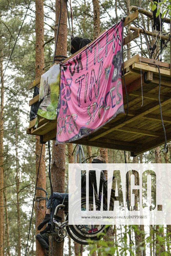 Umweltschützer demonstrieren in der Wuhlheide in Berlin gegen den Bau der geplanten Straße Tangentiale Verbindung Ost. Dafür seien dort vier Bäume besetzt und Baumhäuser errichtet worden, teilten die Organisatoren mit. Neue Waldbesetzung in Berlin &amp; queerfeministisch! Ein Teil der Wuhlheide soll für eine neue Straße gerodet werden. Nicht mit uns! , twitterten die Aktivisten., fotografiert am 14. Mai 2023 in Berlin. Deutschland Berlin Berlin